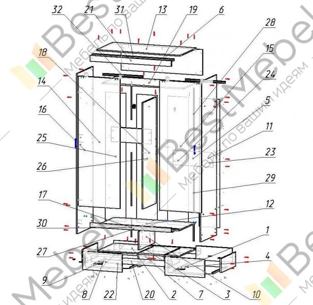 Ольга 13 шкаф купе 3х дверный схема сборки
