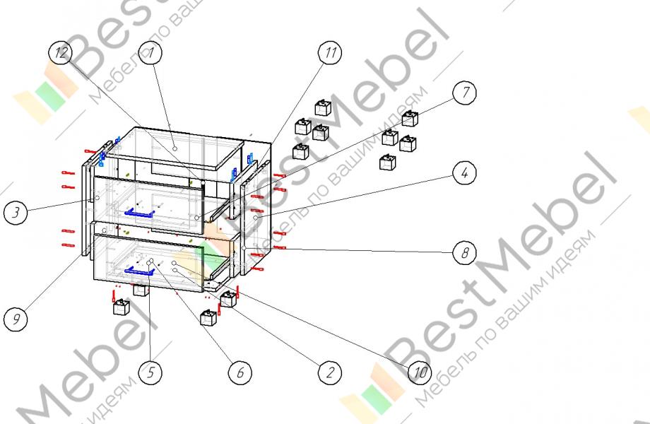 Схема сборки тумбы с выдвижными ящиками