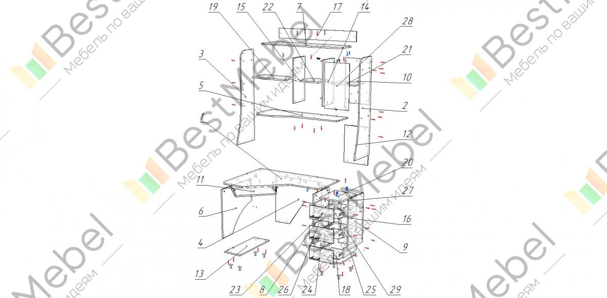 Схема углового компьютерного стола сборки