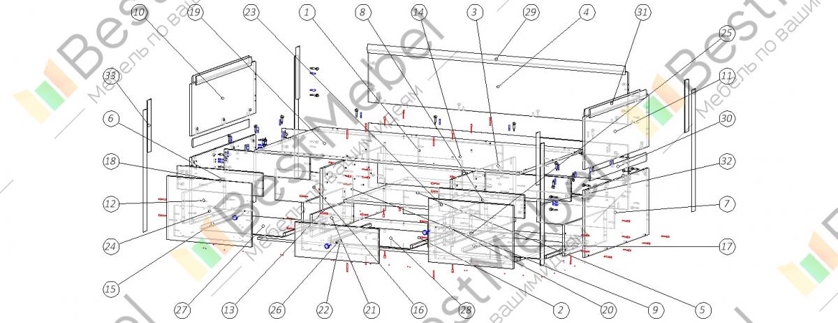 Схема сборки односпальной кровати с выдвижными ящиками